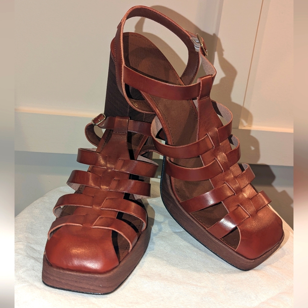 Alohas Vegan Leather Fisherman Platform Sandals - Cognac, Euro size 41/US 10